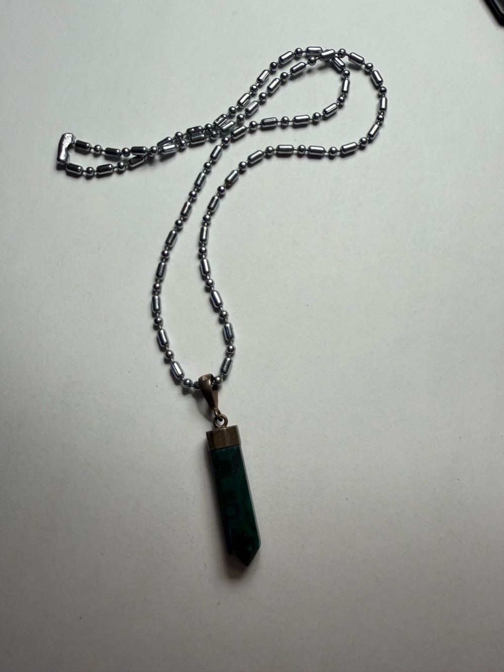 Silver Beaded Chain Necklace with Malachite Stone Pendant